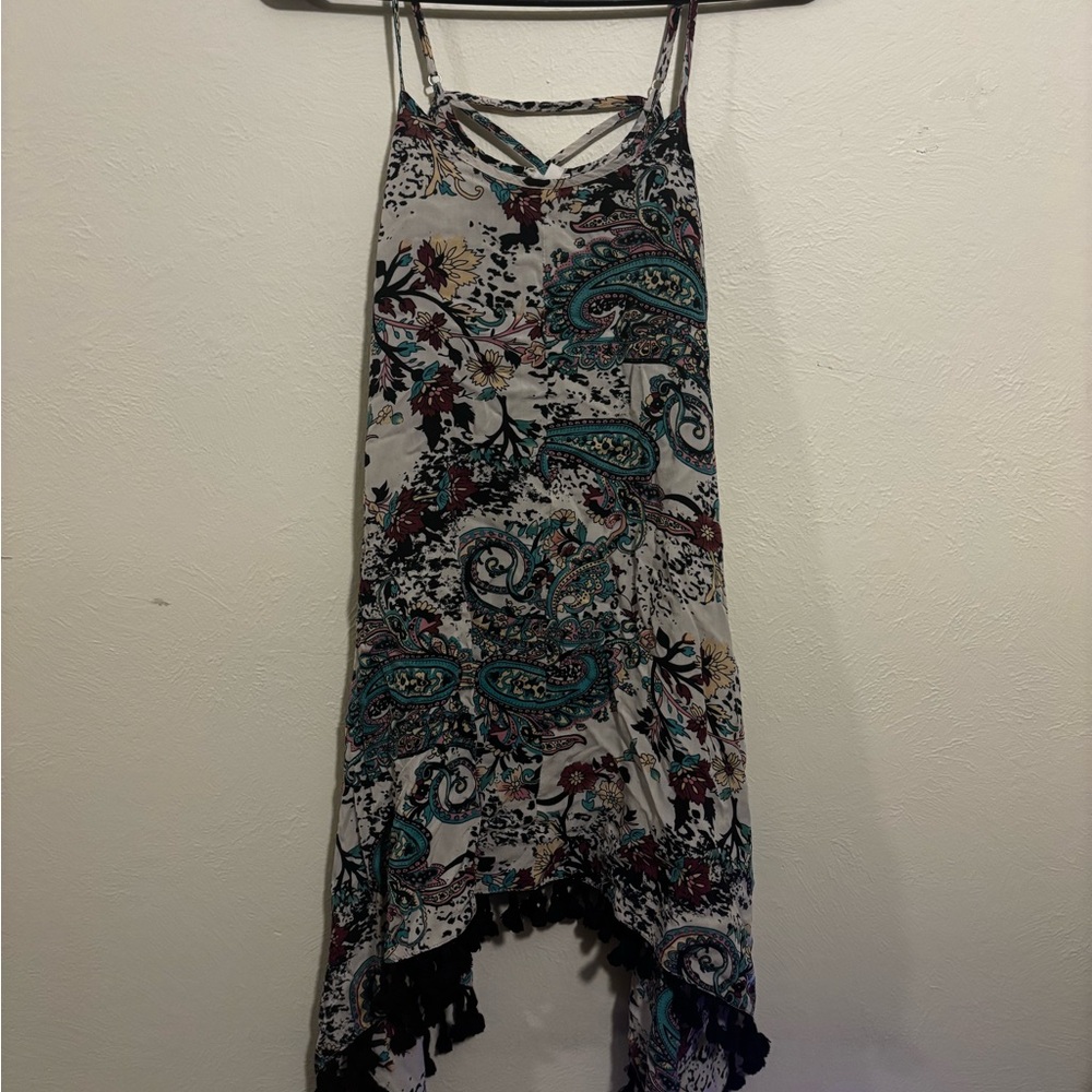 En Creme Green and Pink Asymmetrical Sundress with Spaghetti Straps